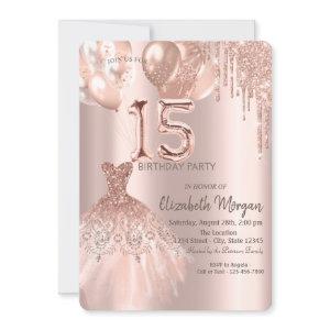 Rose Gold Glitter Drips Dress Balloons Quinceanera