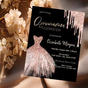 Rose Gold Glitter Drips Dress Black Quinceañera