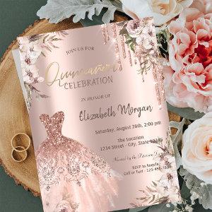 Rose Gold Glitter Drips Dress Flowers Quinceañera