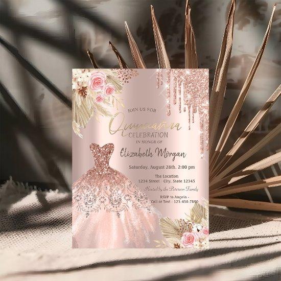 Rose Gold Glitter Drips Dress Flowers Quinceañera
