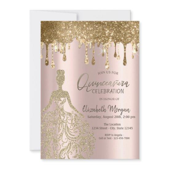 Rose Gold Glitter Drips Dress Quinceanera