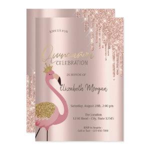Rose Gold Glitter Drips Pink Flamingo Quinceañera