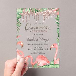 Rose Gold Glitter Drips Pink Flamingos Quinceañera Acrylic