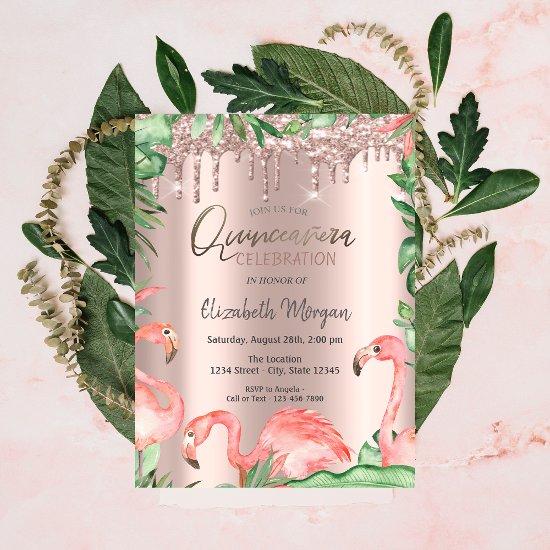 Rose Gold Glitter Drips Pink Flamingos Quinceañera