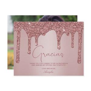 Rose Gold Glitter Drips Quinceanera Gracias Thank You Card