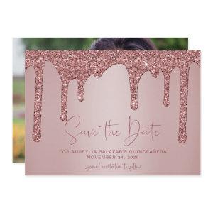 Rose Gold Glitter Drips Quinceanera Save the Date