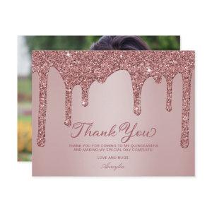 Rose Gold Glitter Drips Quinceanera Thank You Card