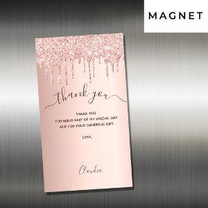 Rose gold glitter drips thank you card magnet