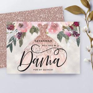 Rose Gold Glitter Floral Quinceañera Dama Proposal