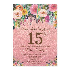 Rose Gold Glitter Floral Surprise 15th Birthday