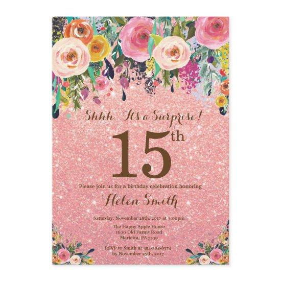 Rose Gold Glitter Floral Surprise 15th Birthday