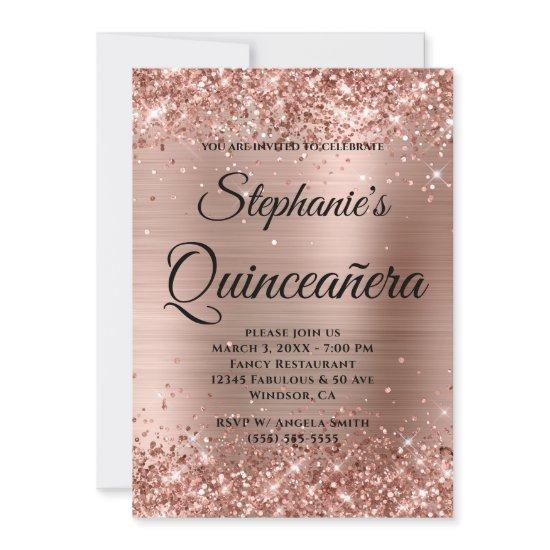 Rose Gold Glitter Foil Fancy Monogram Quinceañera