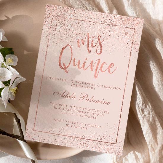 Rose gold glitter frame script blush Quinceañera