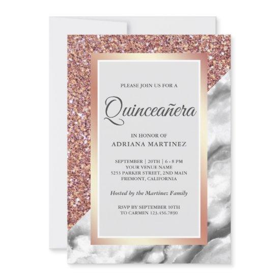 Rose Gold Glitter Grey White Marble Quinceanera