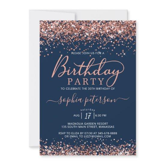 Rose Gold Glitter Navy Blue Any Age Birthday