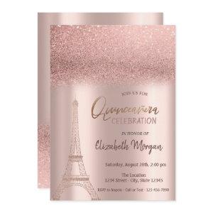 Rose Gold Glitter Ombre, Eiffel Tower Quinceanera