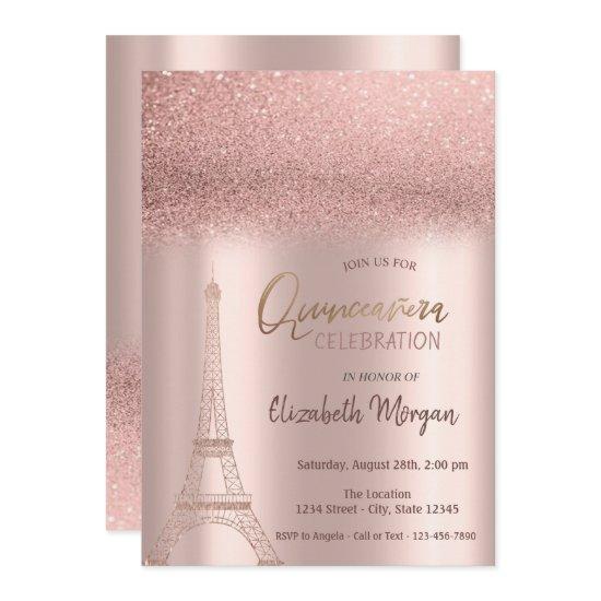 Rose Gold Glitter Ombre, Eiffel Tower Quinceanera