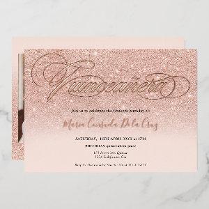 Rose gold glitter ombre script pink quinceañera foil