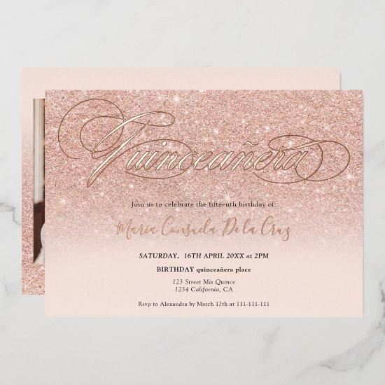Rose gold glitter ombre script pink quinceañera foil