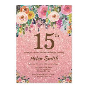 Rose Gold Glitter Pink Floral 15th Birthday