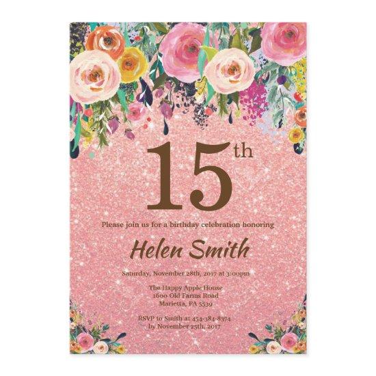 Rose Gold Glitter Pink Floral 15th Birthday