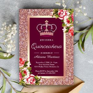 Rose Gold Glitter Princess Pink Floral Quinceanera