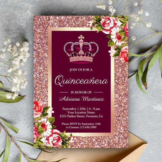 Rose Gold Glitter Princess Pink Floral Quinceanera