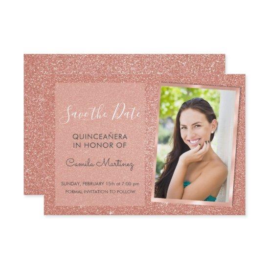 Rose Gold Glitter Quinceanera Save the Date