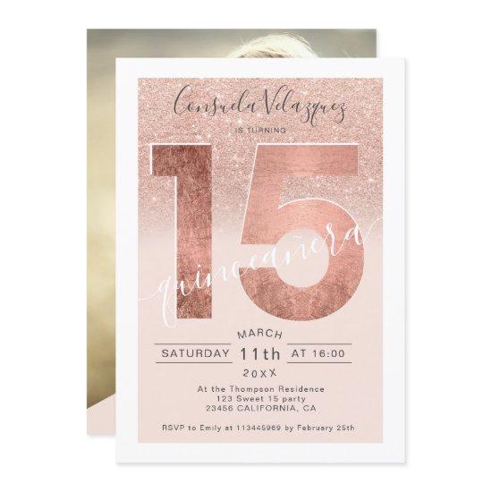 Rose gold glitter script blush quinceanera photo