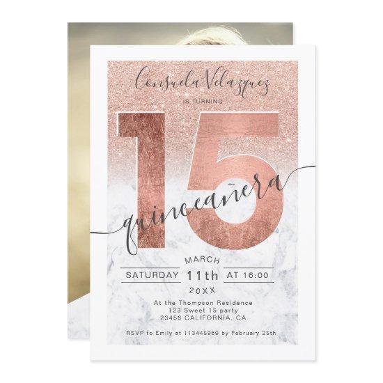 Rose gold glitter script marble quinceanera photo