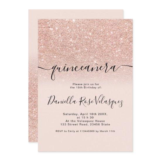 Rose gold glitter sparkles pink ombre quinceanera