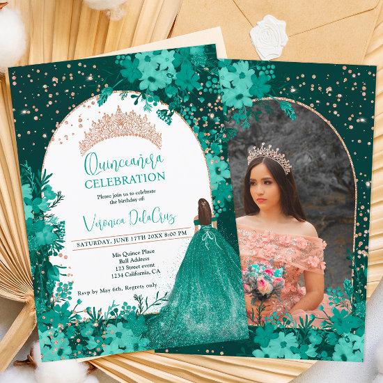 Rose gold green floral tiara princess Quinceanera