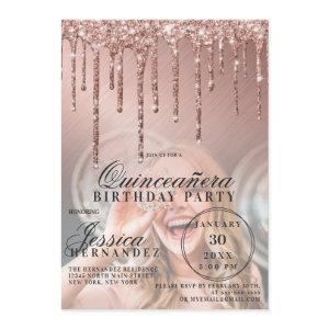 Rose Gold Metallic Glitter Drips Photo Quinceañera