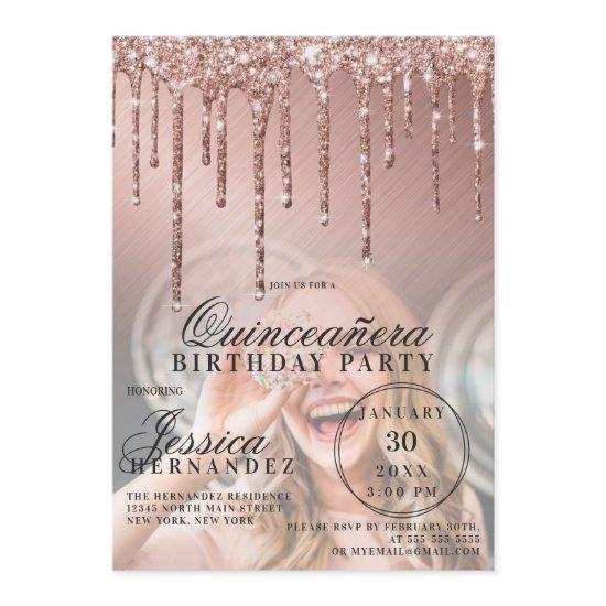 Rose Gold Metallic Glitter Drips Photo Quinceañera
