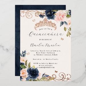Rose Gold Navy Blush Floral Swirl Quinceanera   Foil