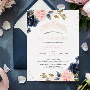 Rose Gold Navy Floral Quinceanera  Foil
