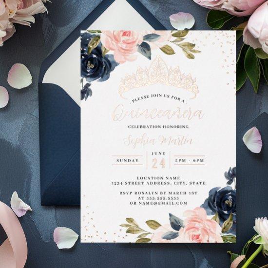 Rose Gold Navy Floral Quinceanera  Foil