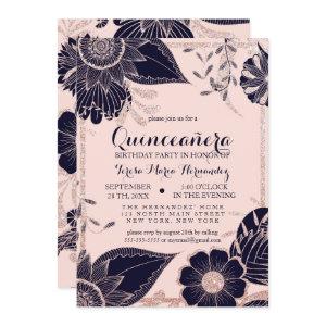 Rose Gold Navy Pink Floral Glitter Quinceañera
