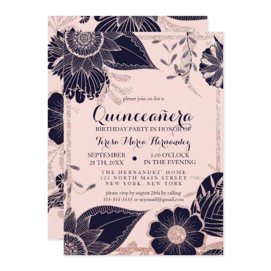 Rose Gold Navy Pink Floral Glitter Quinceañera