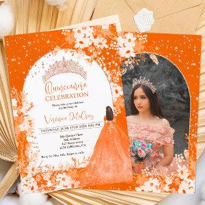 Rose gold orange floral tiara princess Quinceanera