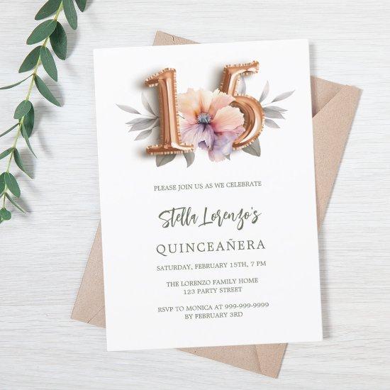 Rose gold peach floral green luxury Quinceanera