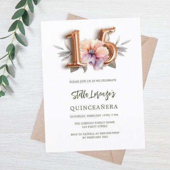 Rose gold peach floral green Quinceanera  Postcard