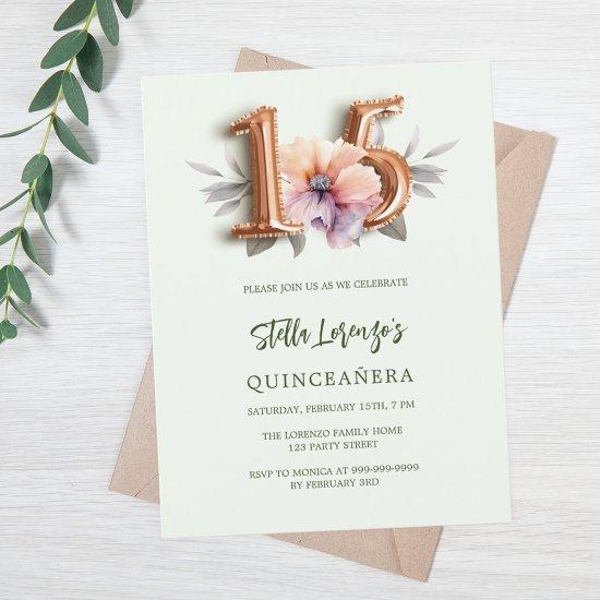 Rose gold peach floral green Quinceanera  Postcard