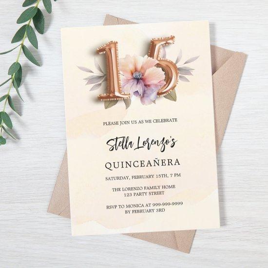 Rose gold peach floral Quinceanera