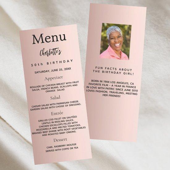 Rose gold photo fun facts birthday menu card