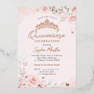 Rose Gold Pink Blooming Butterfly Quinceanera  Foil