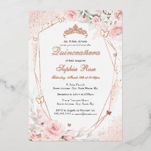 Rose Gold Pink Blush Butterfly Floral Quinceanera Foil