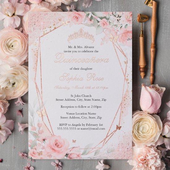 Rose Gold Pink Blush Butterfly Floral Quinceanera Foil