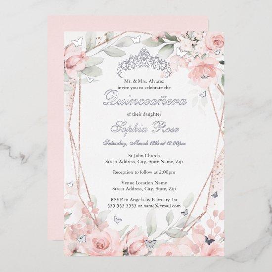 Rose Gold Pink Floral Butterfly Quinceanera  Foil