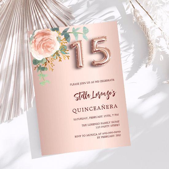 Rose gold pink floral greenery Quinceanera
